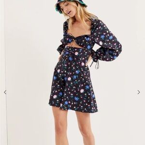 For Love & Lemons Lexy Mini Dress Long Sleeve Black Floral Jacquard XL NEW